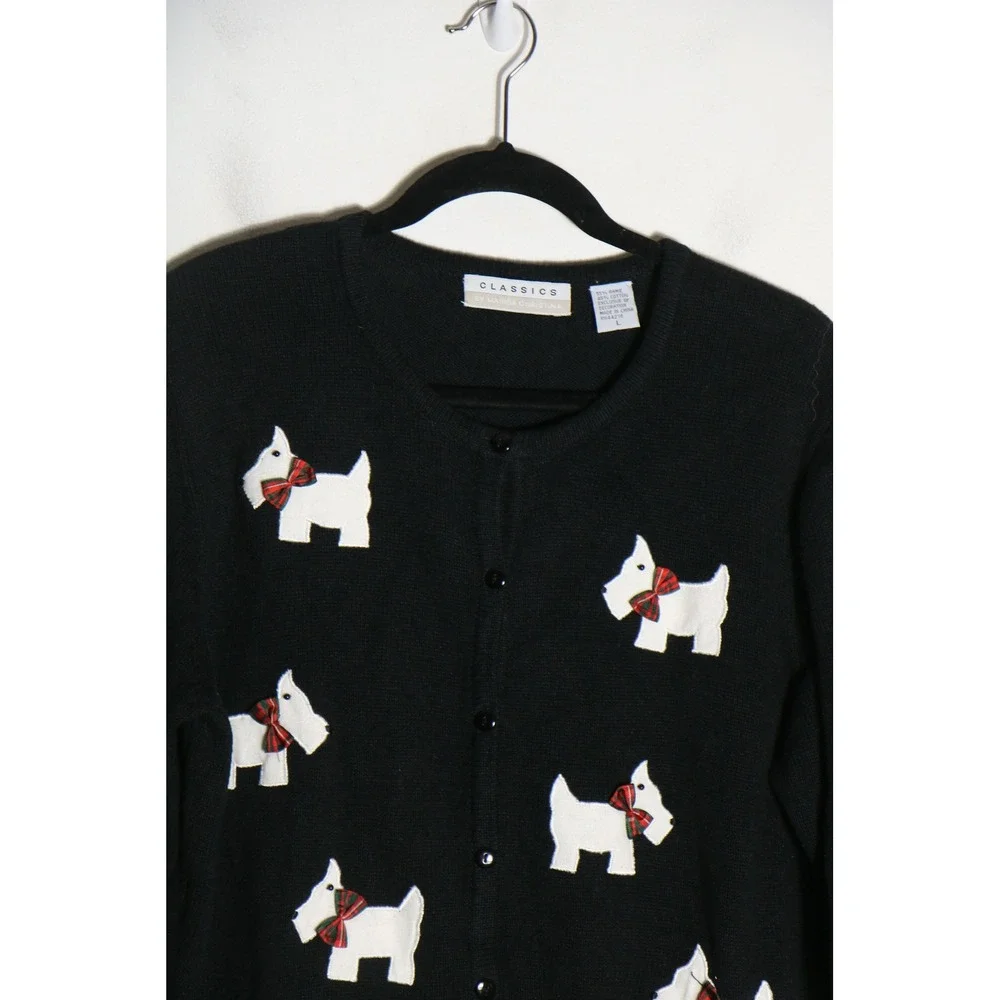 Vintage 90s Classics Scottie Dog Novelty Cardigan Large Black Christmas Preppy